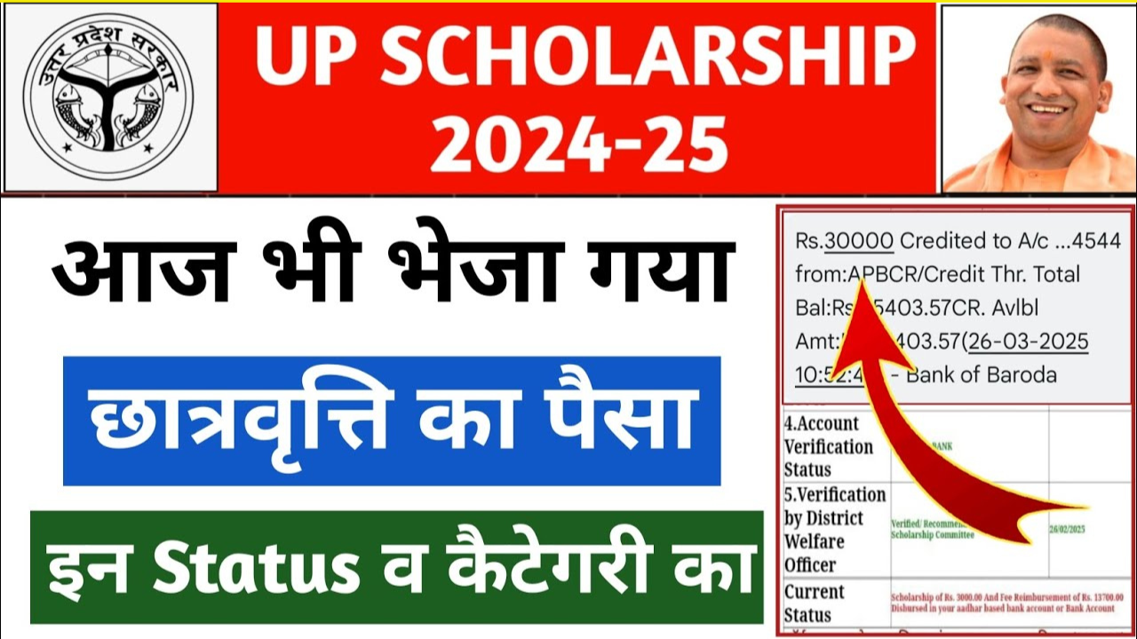 UP Scholarship 2025 Check:खुशखबरी! यूपी स्कॉलरशिप की राशि खाते में आना शुरू, यहाँ से करें चेक